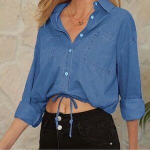 Blue Button-Down Crop Shirt with Drawstring